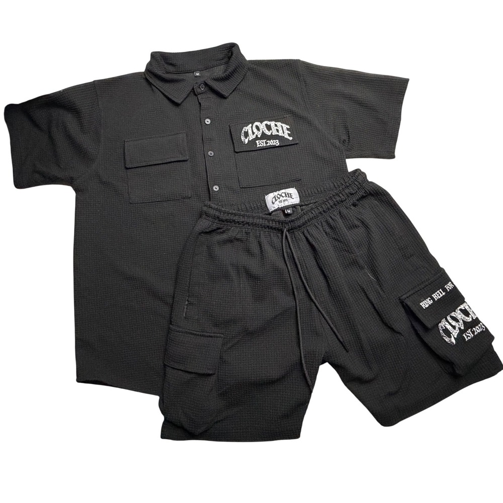 Cloche Est 2023 Mens Black Waffle Knit Shirt and Cargo Shorts Set Size M